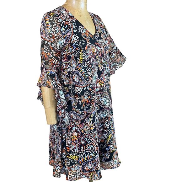 Calvin Klein Paisley/Floral Chiffon Shift Dress Ruffle Bell Sleeves Sz 2 #311M - Picture 2 of 8